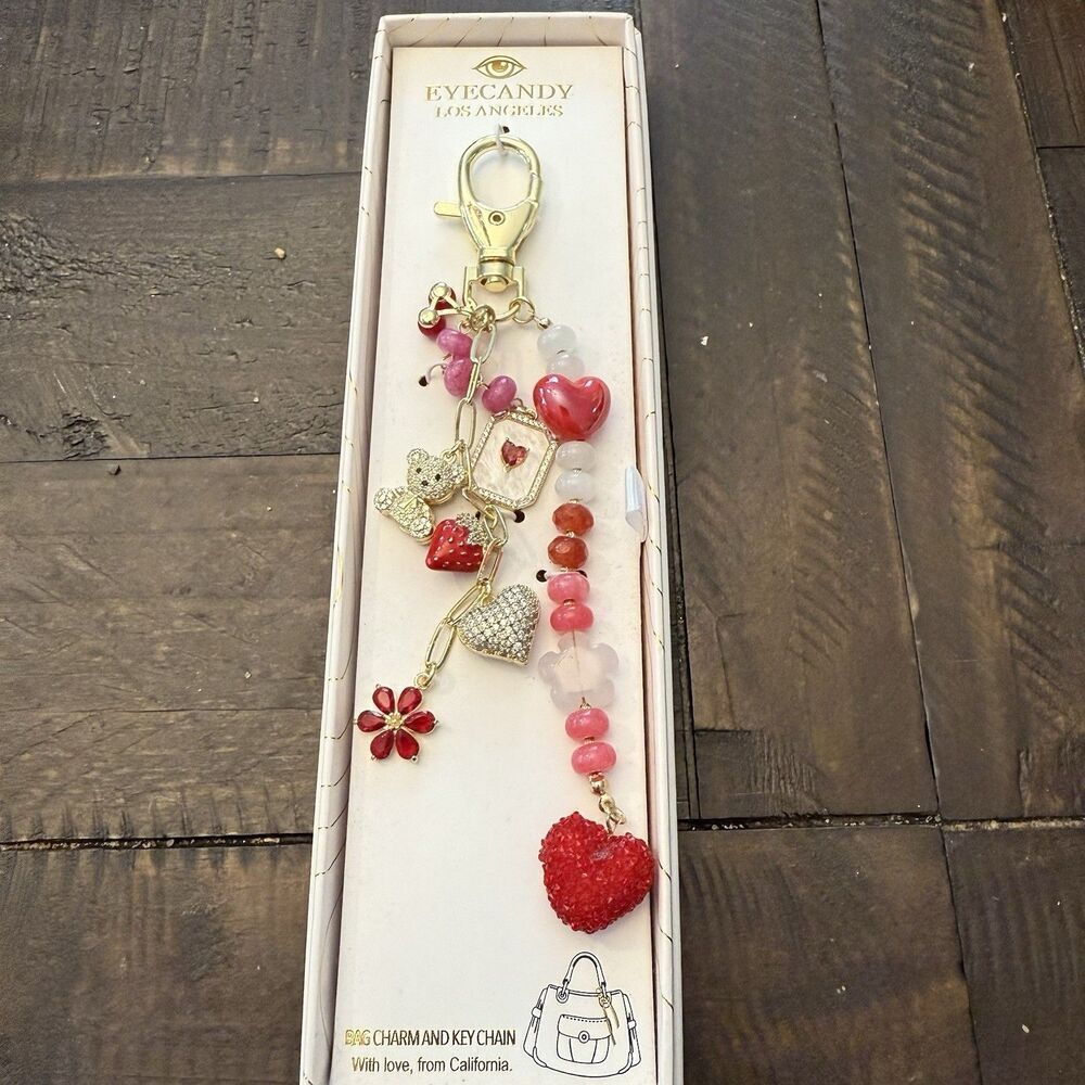 EYE CANDY LOS ANGELES GOLD TONE BAG CHARM KEY RING TEDDY BEAR HEARTS PINK NEW